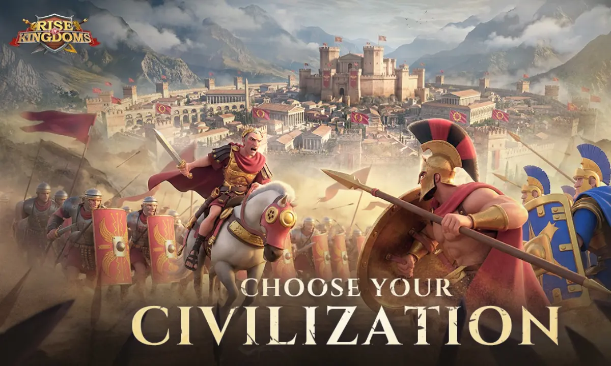Rise of Kingdoms Artwork: römische und spartanische Heere vor einer ummauerten Stadt
