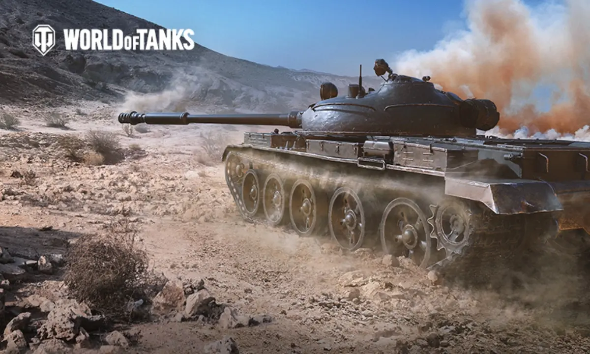World of Tanks artwork: a T-62A tank driving through dust