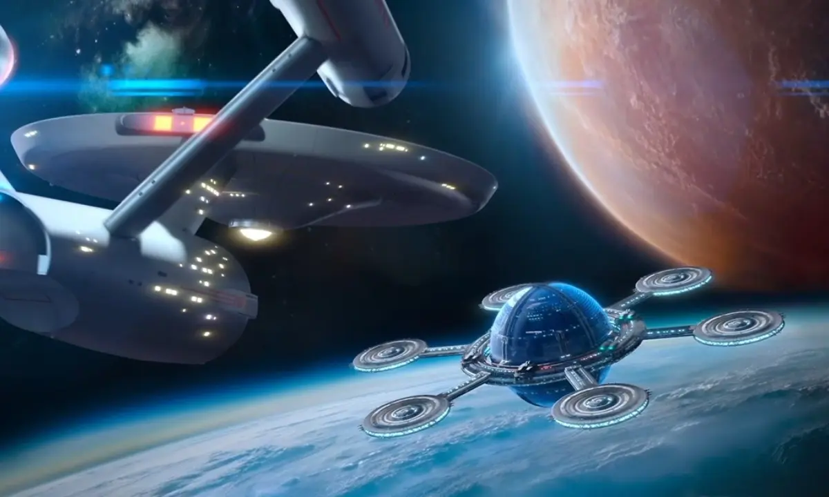 Star Trek Fleet Command artwork: the U.S.S. Enterprise and a space station above a planet