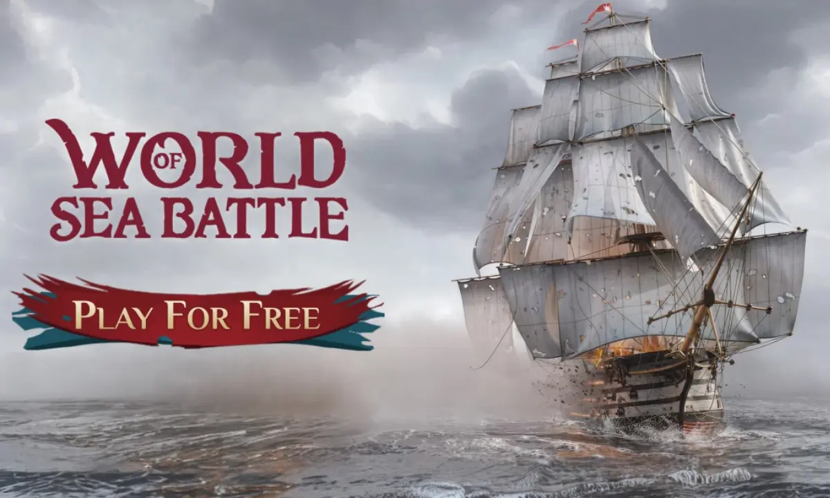 World of Sea Battle artwork: a sailing warship under fire on a stormy sea
