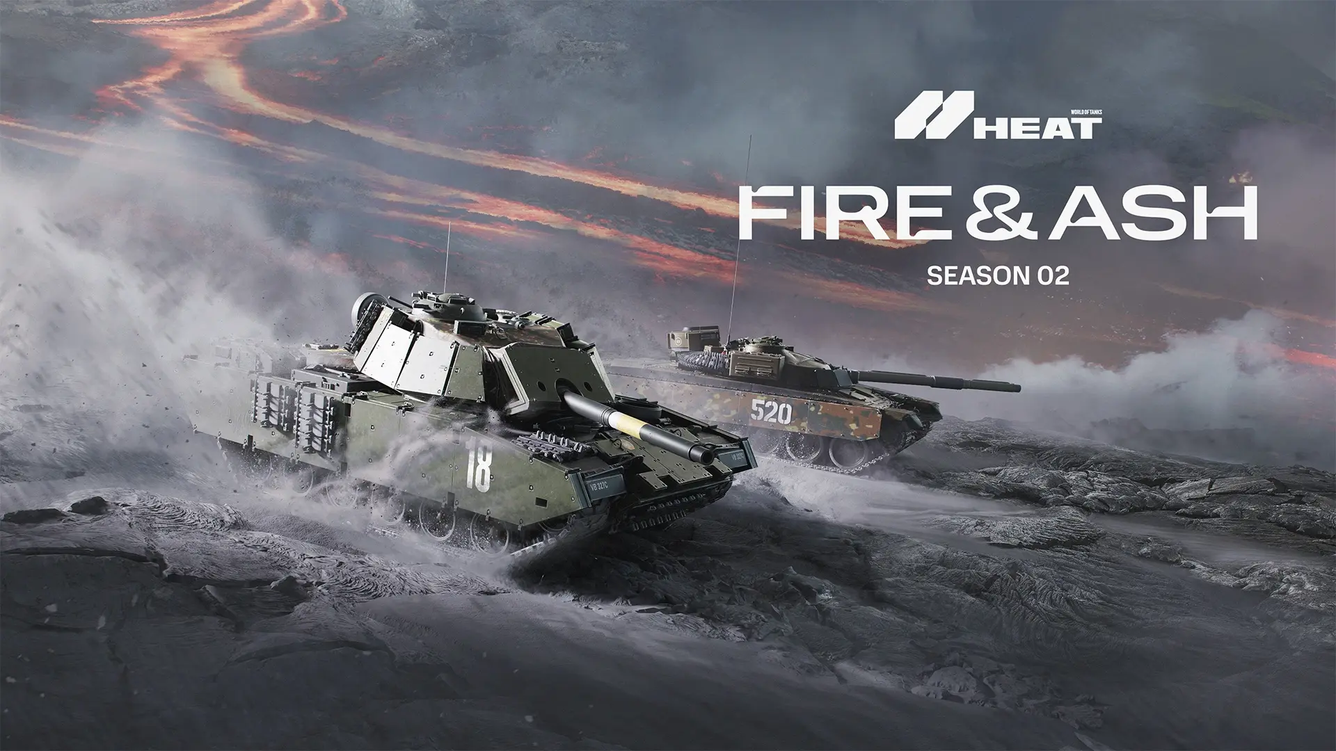 World of Tanks: HEAT artwork: two tanks on volcanic ground, Fire & Ash season