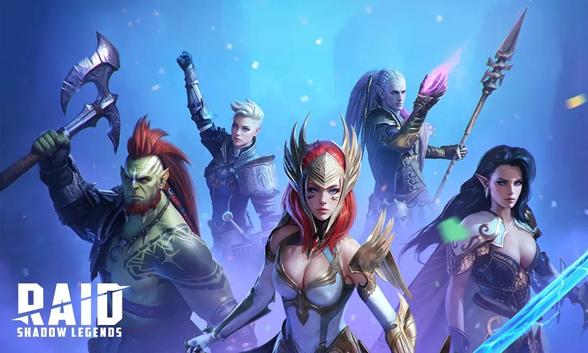 RAID: Shadow Legends artwork: five champions on a blue background